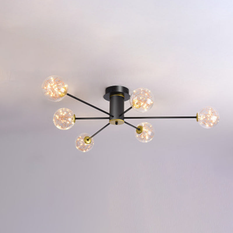 Modern Luxury Radial LED Ceiling Light Wrought Iron Semi Flush Mount with Glass Shade