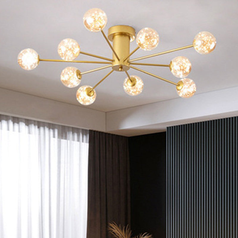 Modern Luxury Radial LED Ceiling Light Wrought Iron Semi Flush Mount with Glass Shade