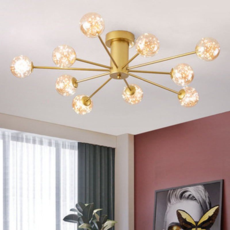 Modern Luxury Radial LED Ceiling Light Wrought Iron Semi Flush Mount with Glass Shade