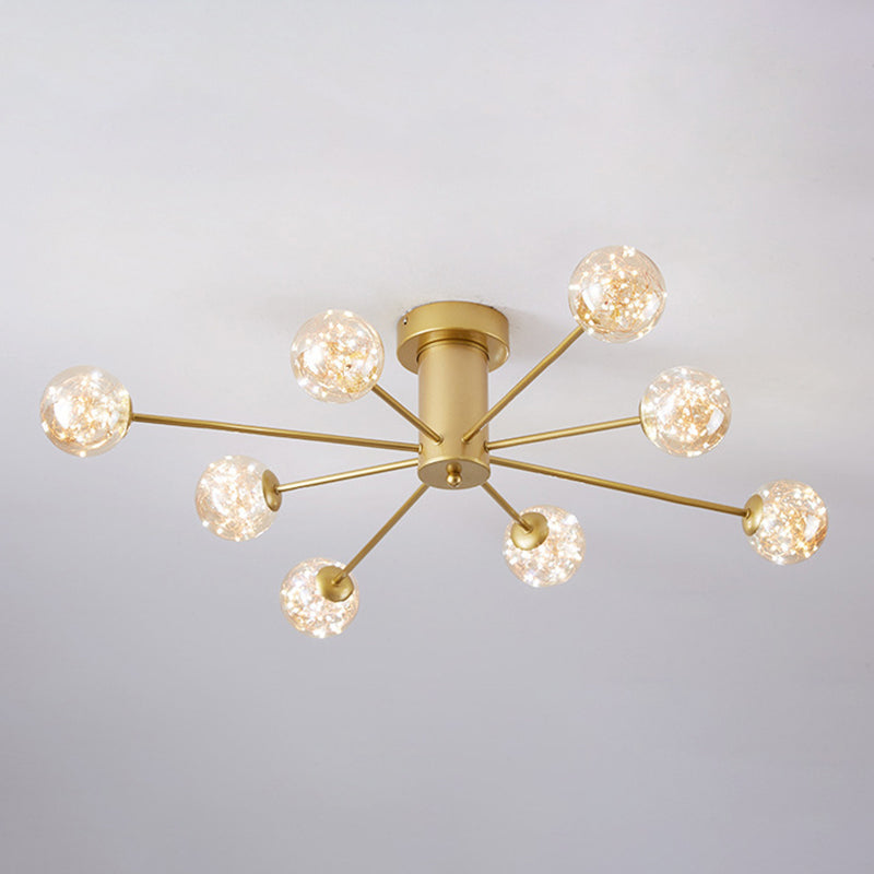 Modern Luxury Radial LED Ceiling Light Wrought Iron Semi Flush Mount with Glass Shade