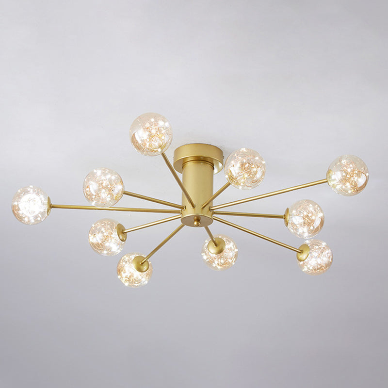 Modern Luxury Radial LED Ceiling Light Wrought Iron Semi Flush Mount with Glass Shade