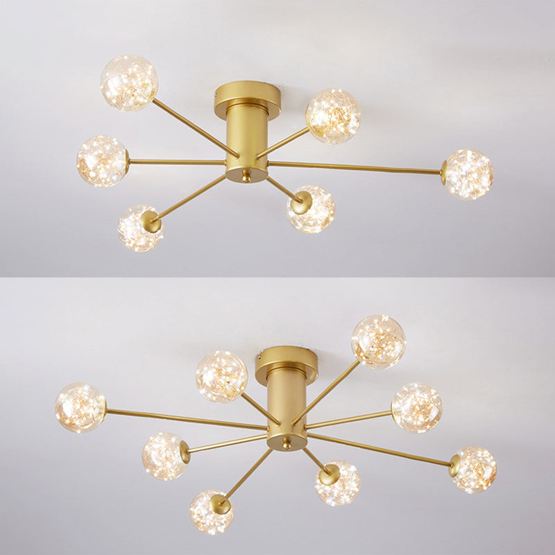 Modern Luxury Radial LED Ceiling Light Wrought Iron Semi Flush Mount with Glass Shade