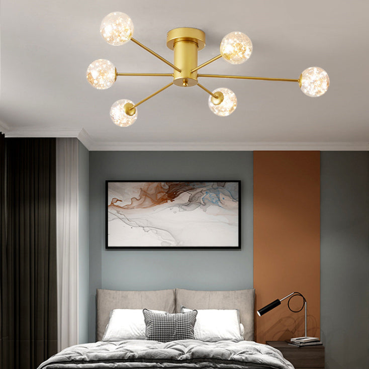 Modern Luxury Radial LED Ceiling Light Wrought Iron Semi Flush Mount with Glass Shade