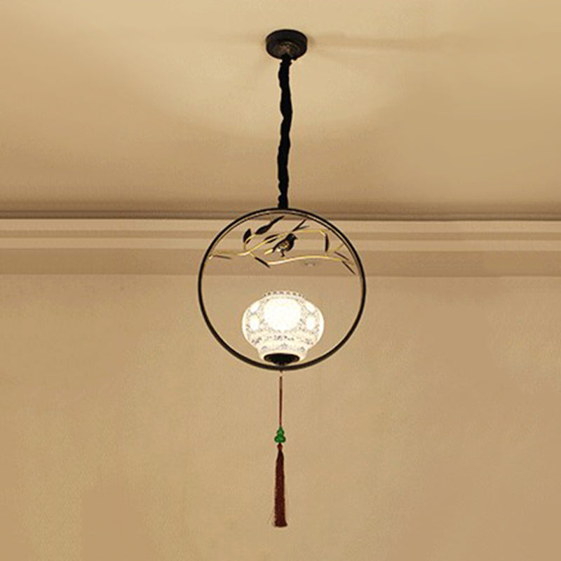 Wit glazen bol hanglampje met metalen kooi, hangende lamp met 1 lampje in Chinese stijl