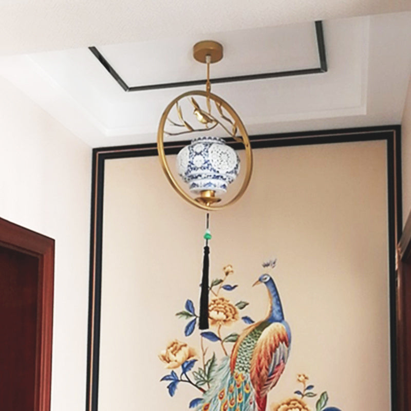 Wit glazen bol hanglampje met metalen kooi, hangende lamp met 1 lampje in Chinese stijl