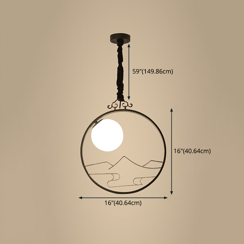 Wit glazen bol hanglampje met metalen kooi, hangende lamp met 1 lampje in Chinese stijl