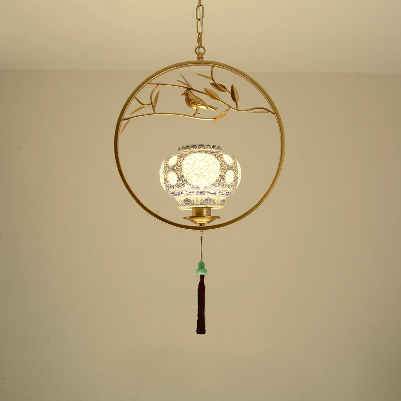 White Glass Globe Pendant Light with Metal Cage, Chinese Style 1-Light Hanging Lamp