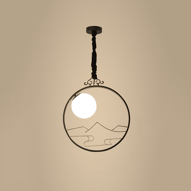 Pendante globe de verre blanc avec cage métallique, lampe suspendue à 1 lumière de style chinois