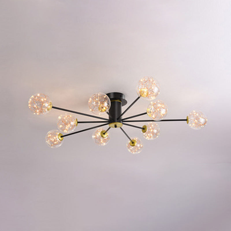 Modern Luxury Radial LED Ceiling Light Wrought Iron Semi Flush Mount with Glass Shade