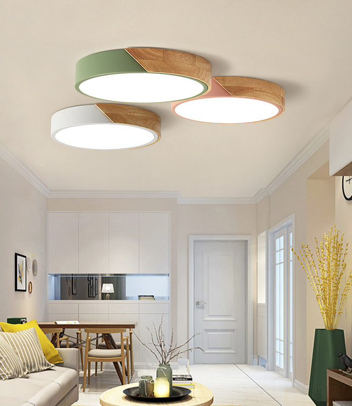 Moderne Nordic LED Macaron Ceiling Light Wrought Iron circulaire Flush Mount avec Acrylic Shade