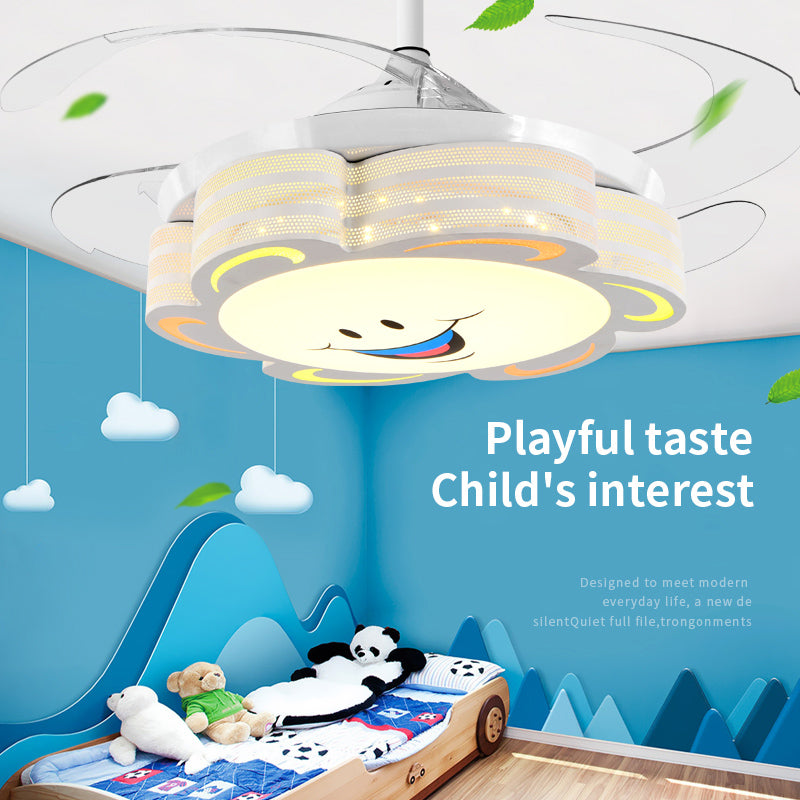 Retractable Blades Pendant Fan Light Children Metal Bedroom LED Semi Flush Light