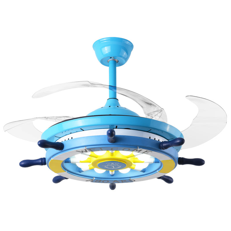 Retractable Blades Pendant Fan Light Children Metal Bedroom LED Semi Flush Light