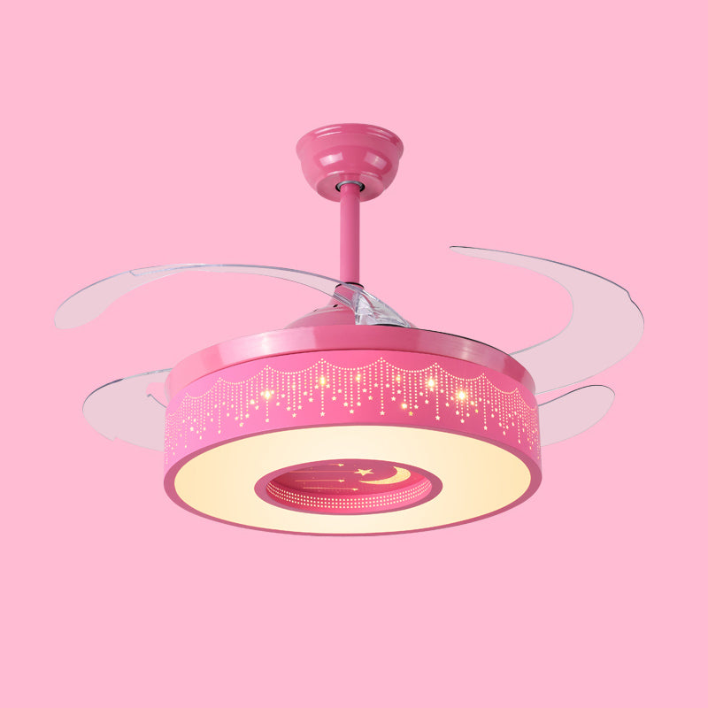 Retractable Blades Pendant Fan Light Children Metal Bedroom LED Semi Flush Light