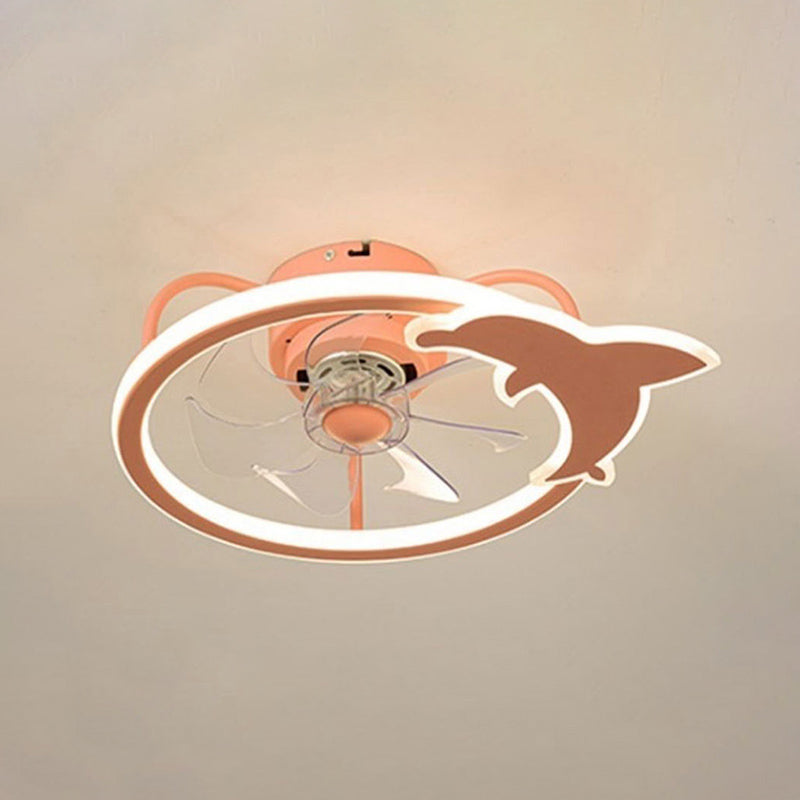 Dolphin Ceiling Fan Light Fixture Cartoon Acrylic Nursery LED Semi Flush Light