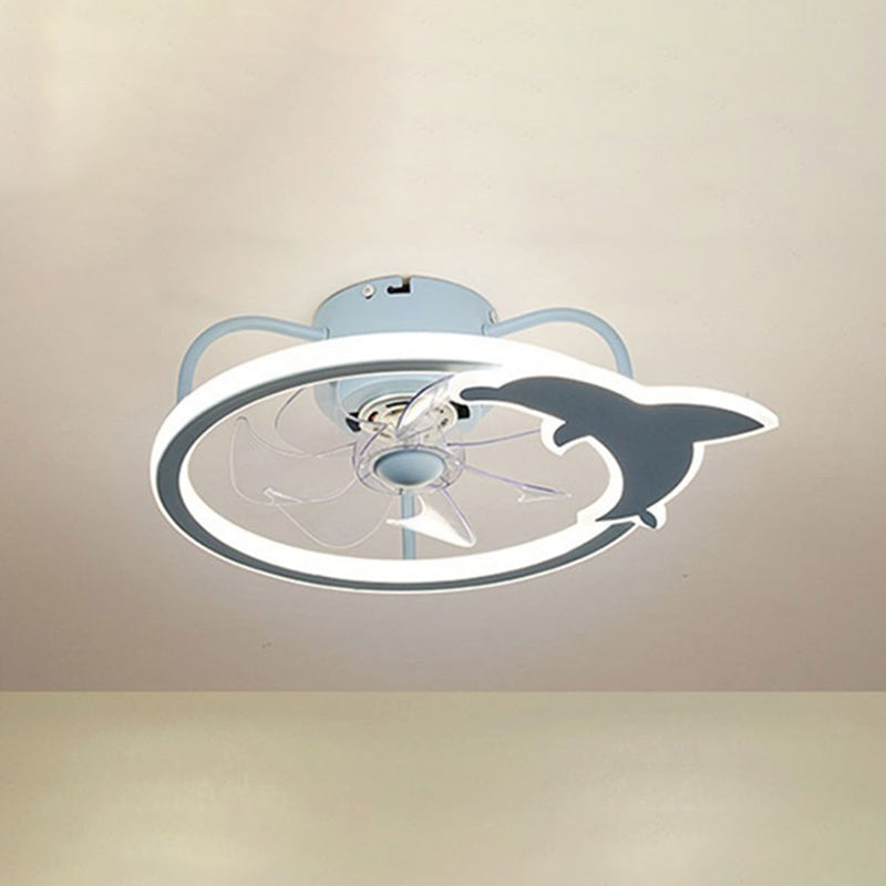 Dolphin Ceiling Fan Light Fixture Cartoon Acrylic Nursery LED Semi Flush Light