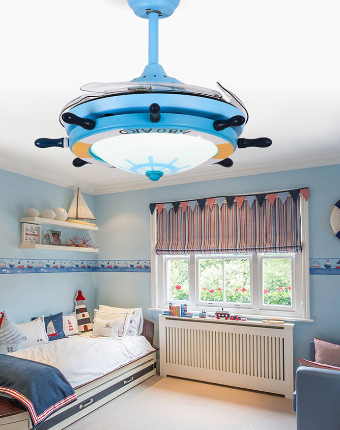 Mediterranean Rudder Pendant Fan Light Fixture Metal Bedroom Kindergarten Semi Flush Light