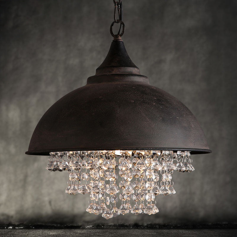 1 Bulb Dome Pendant Light Fixture Industrial Black/Chrome Metal Hanging Light with Crystal Bead