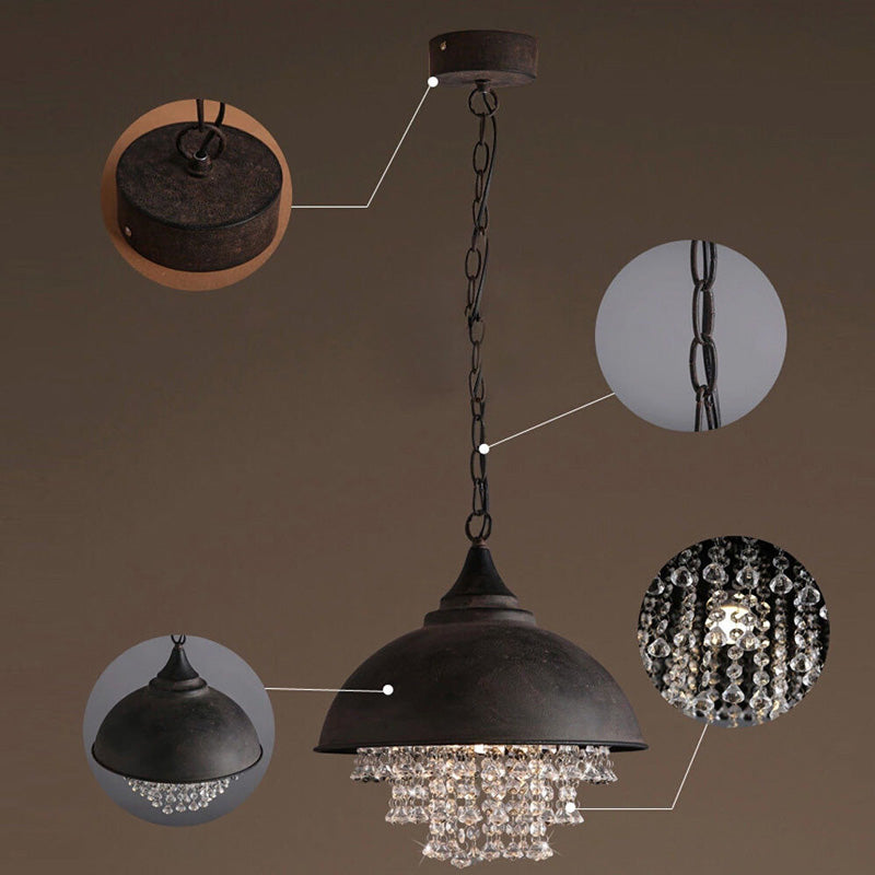 1 Bulb Dome Pendant Light Fixture Industrial Black/Chrome Metal Hanging Light with Crystal Bead