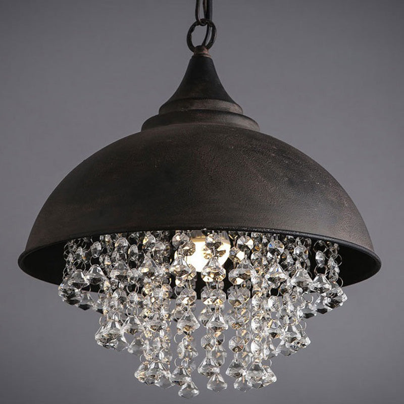 1 Bulb Dome Pendant Light Fixture Industrial Black/Chrome Metal Hanging Light with Crystal Bead