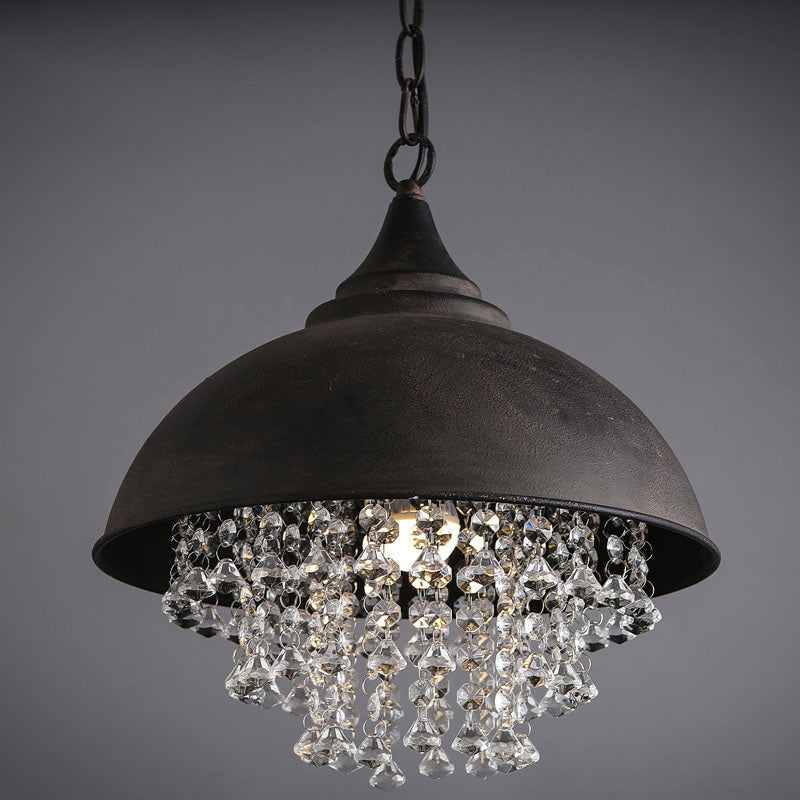 1 Bulb Dome Pendant Light Fixture Industrial Black/Chrome Metal Hanging Light with Crystal Bead