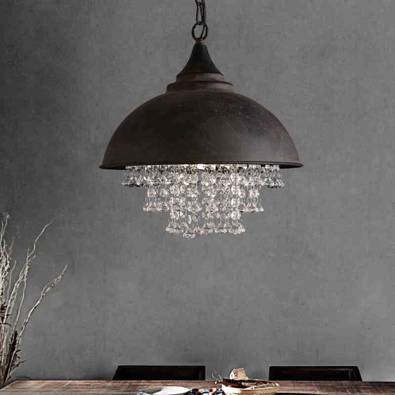 1 Bulb Dome Pendant Light Fixture Industrial Black/Chrome Metal Hanging Light with Crystal Bead