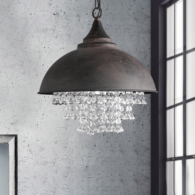 1 Bulb Dome Pendant Light Fixture Industrial Black/Chrome Metal Hanging Light with Crystal Bead