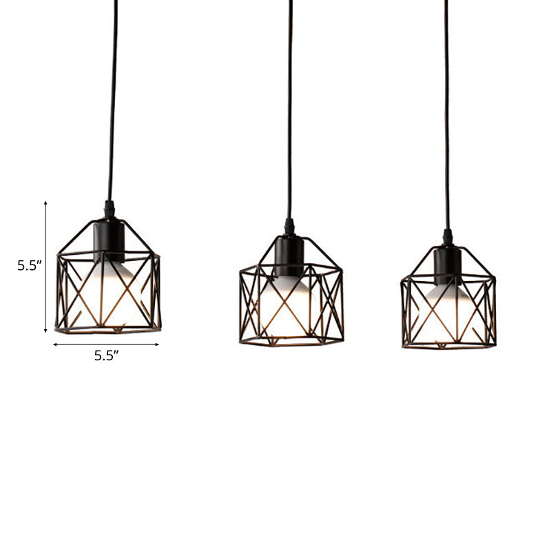 Hexagon Kitchen Ceiling Fixture with Wire Cage Farmhouse Style Metallic 3 Bulbs Black Finish Pendant Light