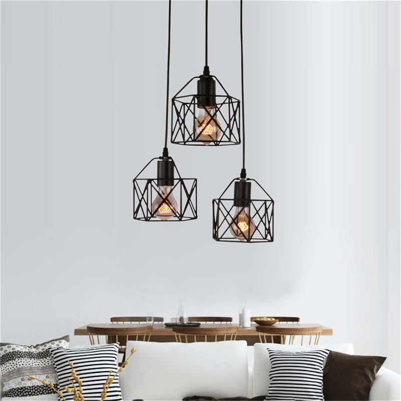 Hexagon Kitchen Ceiling Fixture with Wire Cage Farmhouse Style Metallic 3 Bulbs Black Finish Pendant Light