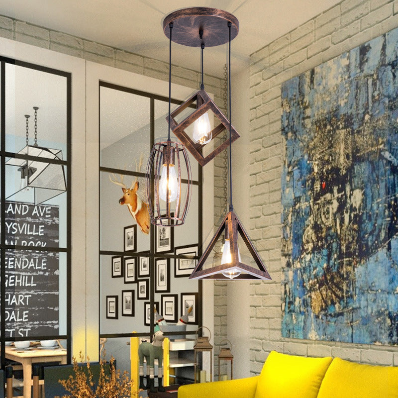 Caged Wrought Iron Pendant Lamp Antique Style 3 Heads Dining Room Hanging Ceiling Light in Rust