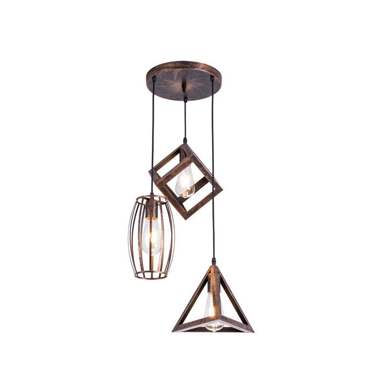 Caged Wrought Iron Pendant Lamp Antique Style 3 Heads Dining Room Hanging Ceiling Light in Rust