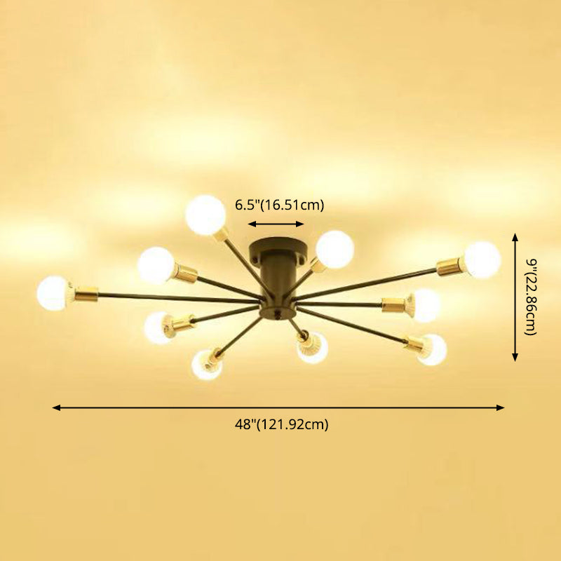 Accesorio de techo radial de 10 luces en estilo industrial de hierro forjado Semi Flush Monte para sala de estar