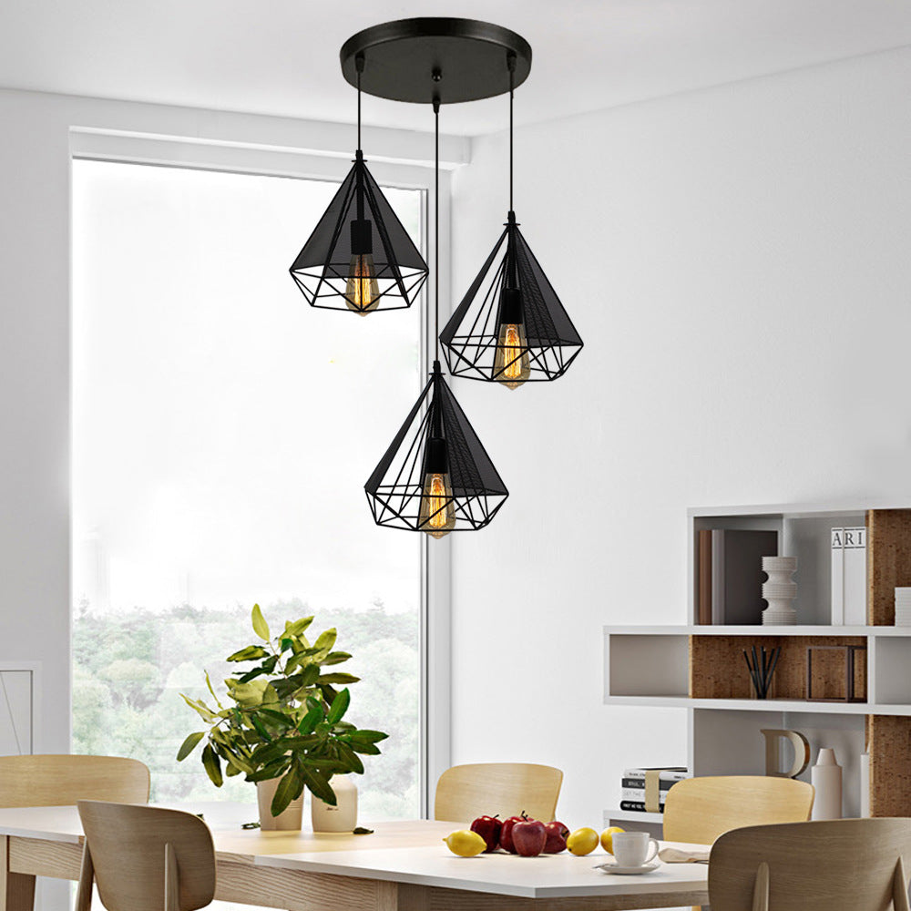 Black Diamond Cage Hanging Light Retro Style Metallic 3 Heads Dining Room Pendant Lighting with Round/Linear Canopy