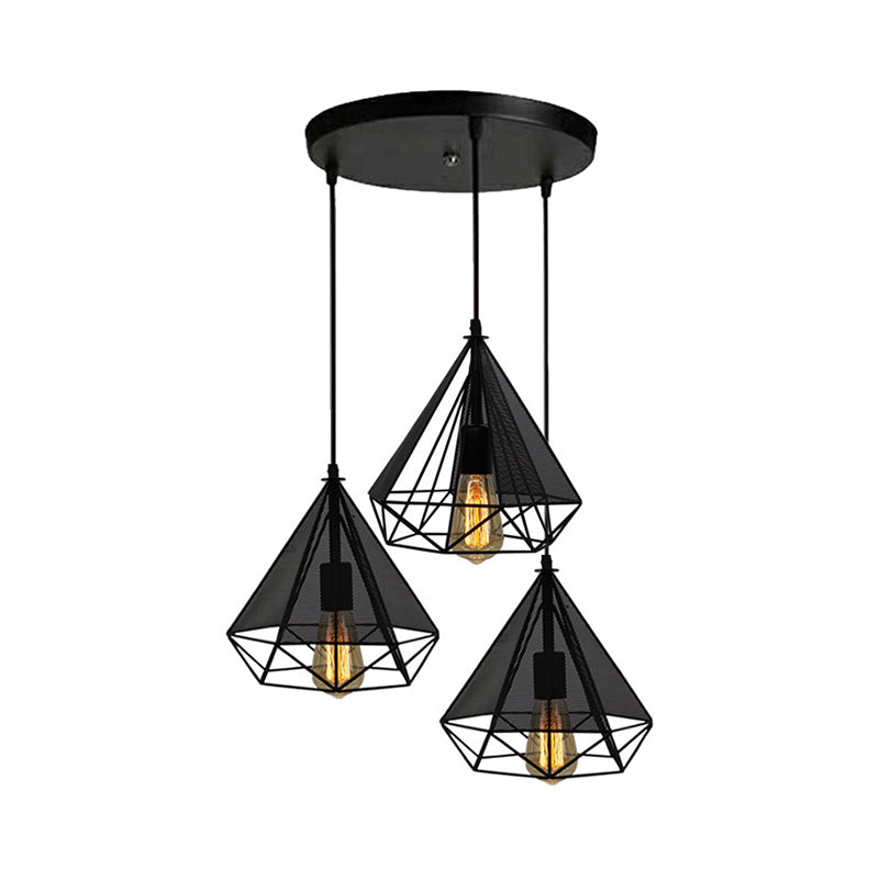 Black Diamond Cage Hanging Light Retro Style Metallic 3 Heads Dining Room Pendant Lighting with Round/Linear Canopy