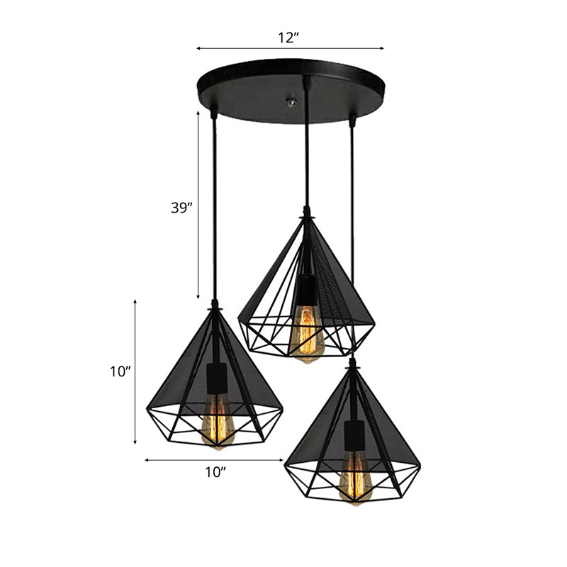 Black Diamond Cage Hanging Light Retro Style Metallic 3 Heads Dining Room Pendant Lighting with Round/Linear Canopy