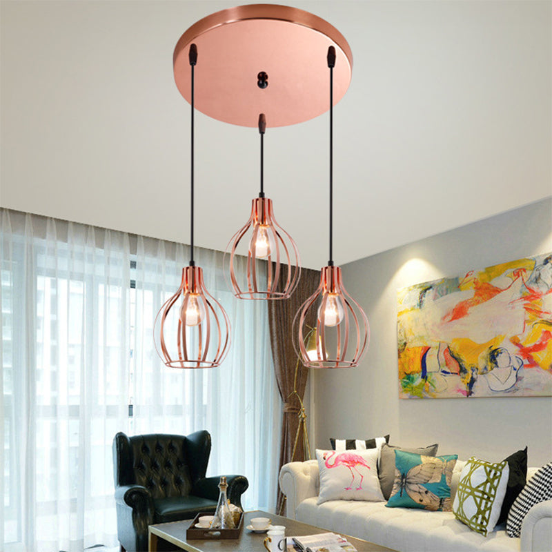 Metallic Rose Gold Pendant Lighting Global Cage Shade 3 Lights Industrial Style Ceiling Light Fixture with Round/Linear Canopy