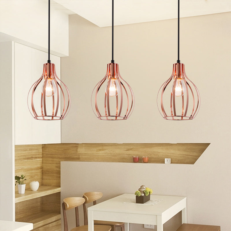 Metallic Rose Gold Pendant Lighting Global Cage Shade 3 Lights Industrial Style Ceiling Light Fixture with Round/Linear Canopy