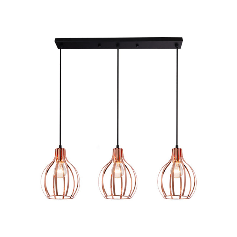 Metallic Rose Gold Pendant Lighting Global Cage Shade 3 Lights Industrial Style Ceiling Light Fixture with Round/Linear Canopy