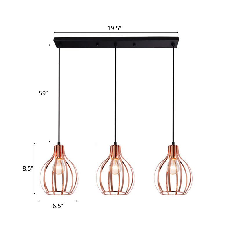 Metallic Rose Gold Pendant Lighting Global Cage Shade 3 Lights Industrial Style Ceiling Light Fixture with Round/Linear Canopy