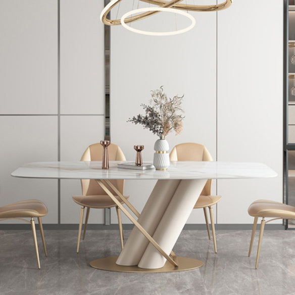 Juego de comedor de piedra sinterizada de estilo moderno con mesa de forma rectangular blanco y base de caballete