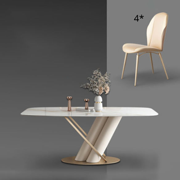 Juego de comedor de piedra sinterizada de estilo moderno con mesa de forma rectangular blanco y base de caballete