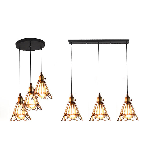 Wire Frame Metal Pendant Light Vintage Industrial 3 Bulbs Farmhouse Hanging Lamp with Petal Design in Black