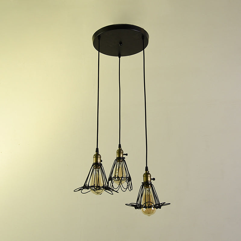 Cadre métallique pendentif métallique Vintage industriel 3 bulbes ferme lampe suspendue avec design de pétale en noir