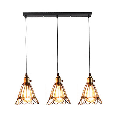 Wire Frame Metal Pendant Light Vintage Industrial 3 Bulbs Farmhouse Hanging Lamp with Petal Design in Black