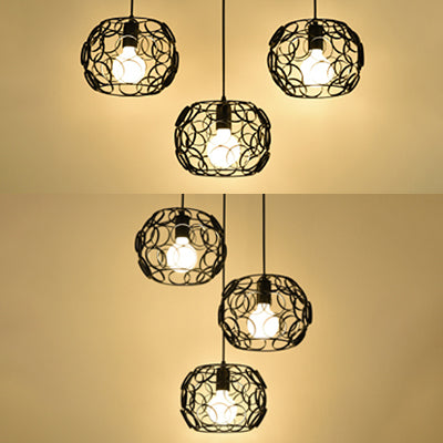 3 Bulbs Pendant Lamp Retro Drum Shade Metal Suspension Light with Wire Frame and Circles Design in Black