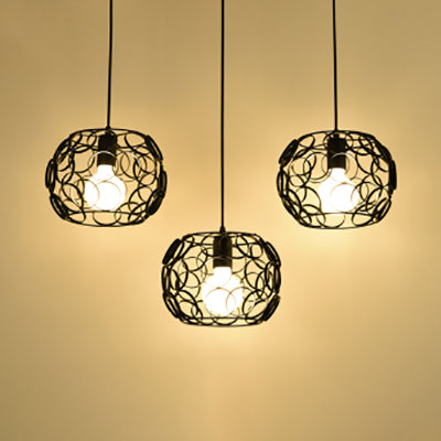 3 Bulbs Pendant Lamp Retro Drum Shade Metal Suspension Light with Wire Frame and Circles Design in Black