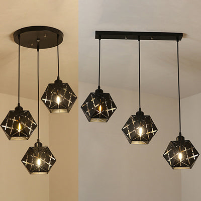 Geometric Hanging Lamp with Carved Metal Shade Industrial 3 Lights Kitchen Pendant Light