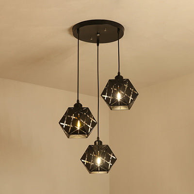 Geometric Hanging Lamp with Carved Metal Shade Industrial 3 Lights Kitchen Pendant Light