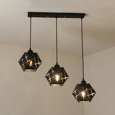 Geometric Hanging Lamp with Carved Metal Shade Industrial 3 Lights Kitchen Pendant Light