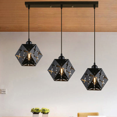 Geometric Hanging Lamp with Carved Metal Shade Industrial 3 Lights Kitchen Pendant Light