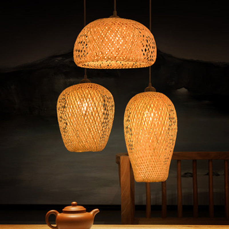 Japanese Bamboo Pendant Light Fixture 1-Light Beige Hanging Ceiling Light